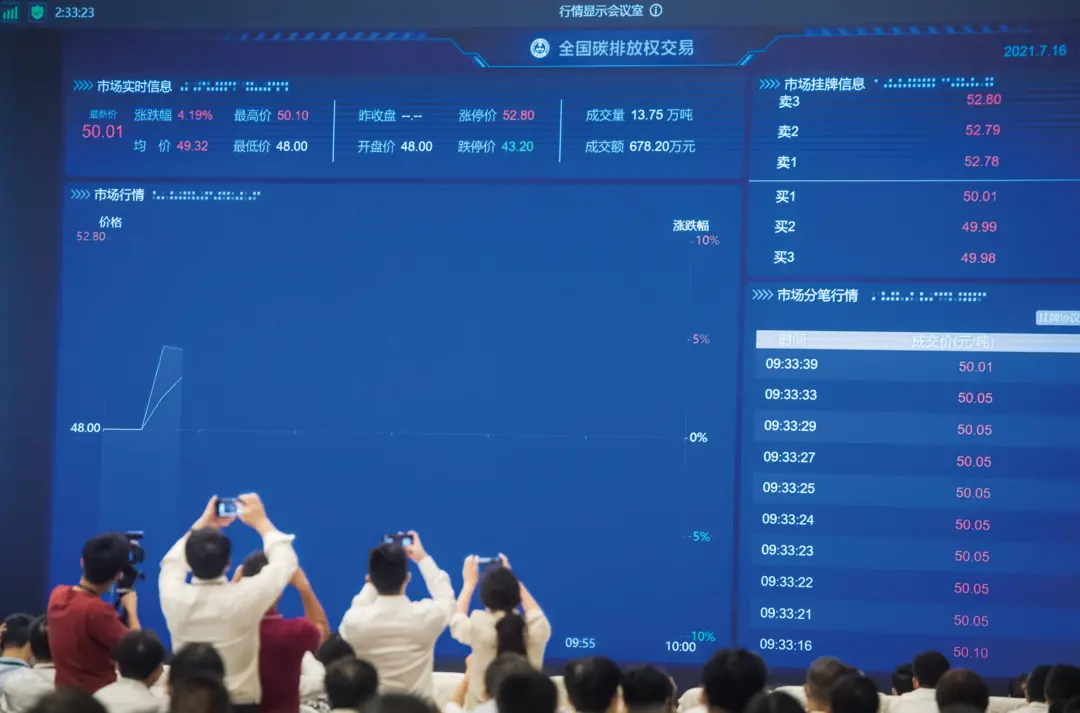 2021年7月16日，全國碳排放權(quán)交易市場上線交易啟動儀式以視頻連線形式舉行，在北京設(shè)主會場，在上海和湖北設(shè)分會場。圖/新華